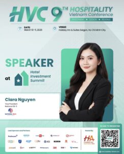 Clara Thanh Nguyen speaking at Hospitality Vietnam Conference 2026 representing National EB-5 Wealth Center