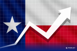 Texas flag with an upward growth arrow illustrating economic and population growth