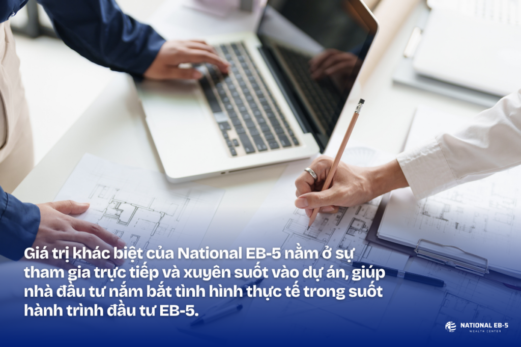 National EB-5 Wealth Center – Hình ảnh làm việc với bản vẽ thiết kế, minh họa quá trình phát triển và quản lý dự án EB-5